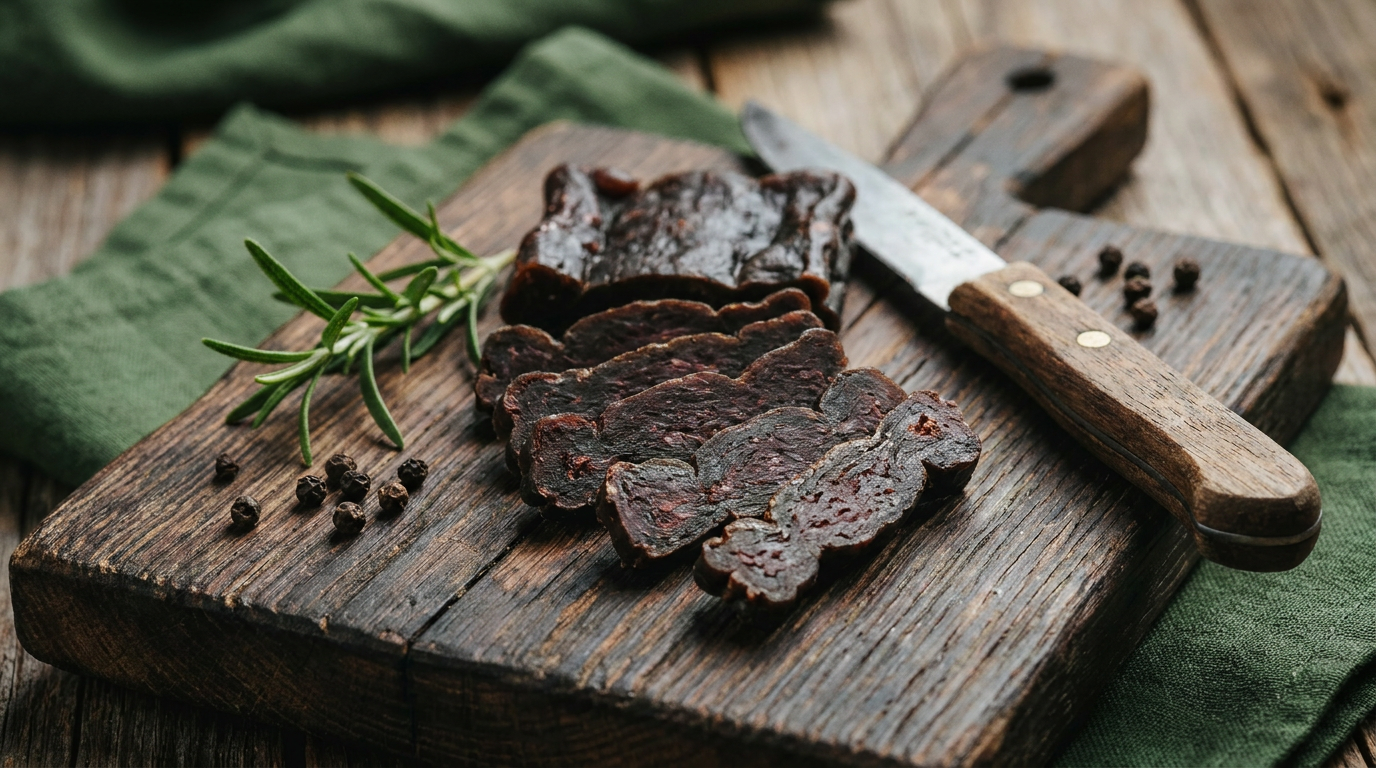 Scheiben eines Protein-Fleischriegels auf rustikalem Holzbrett mit Messer