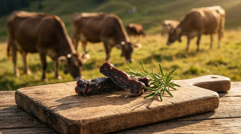 Protein-Fleischriegel auf Holzbrett vor Schweizer Alpweide mit Rindern