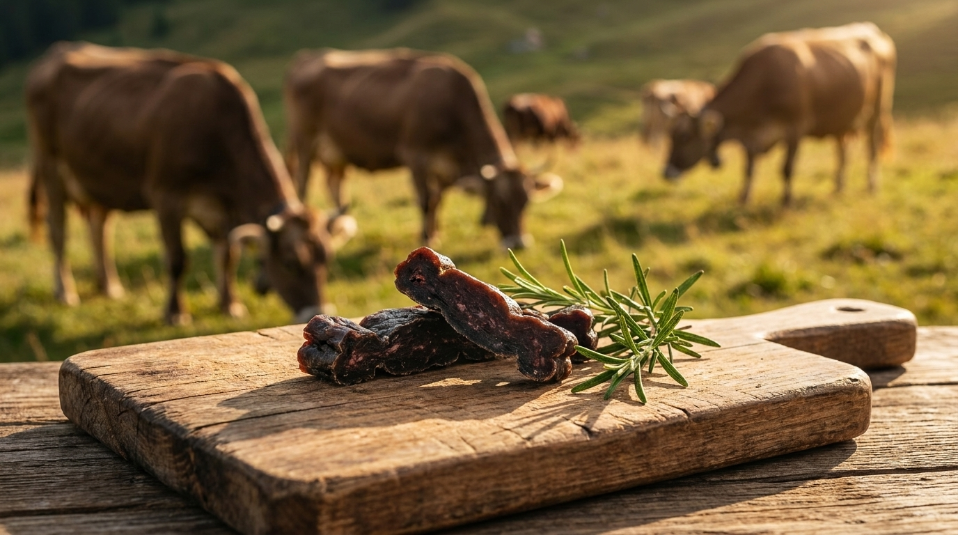 Protein-Fleischriegel auf Holzbrett vor Schweizer Alpweide mit Rindern