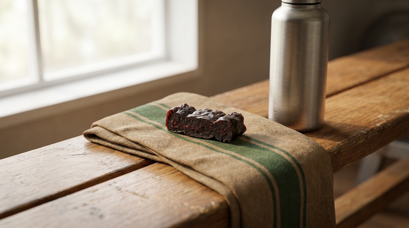 Protein-Fleischriegel nach dem Sport neben Wasserflasche auf Holzbank