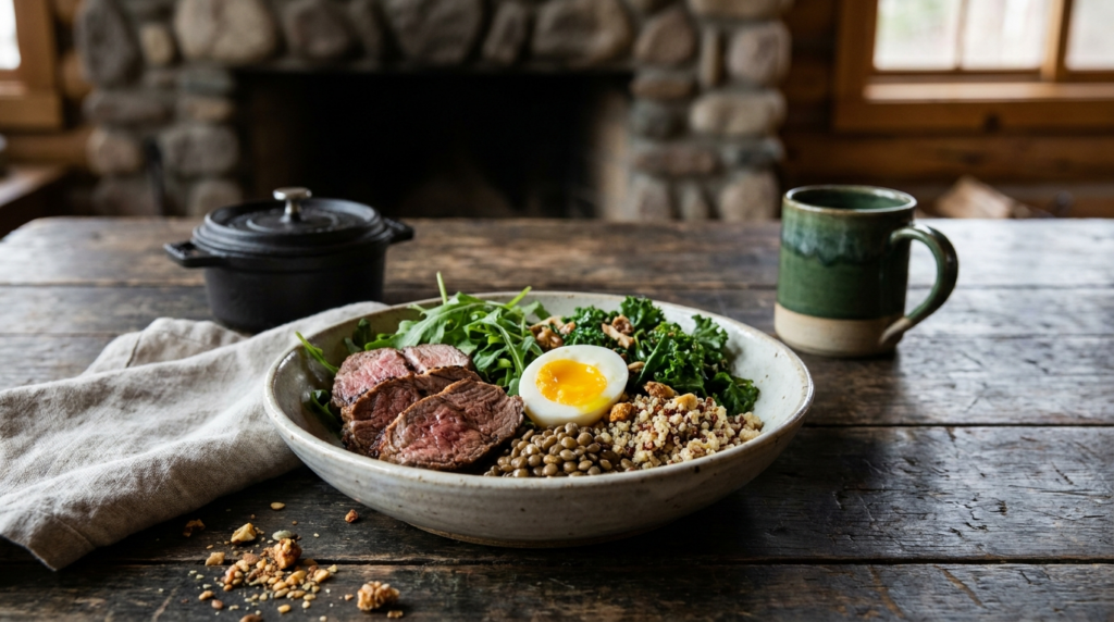 Ausgewogene Mahlzeit mit Fleisch, Ei und Gemuese auf Holztisch