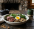 Ausgewogene Mahlzeit mit Fleisch, Ei und Gemuese auf Holztisch
