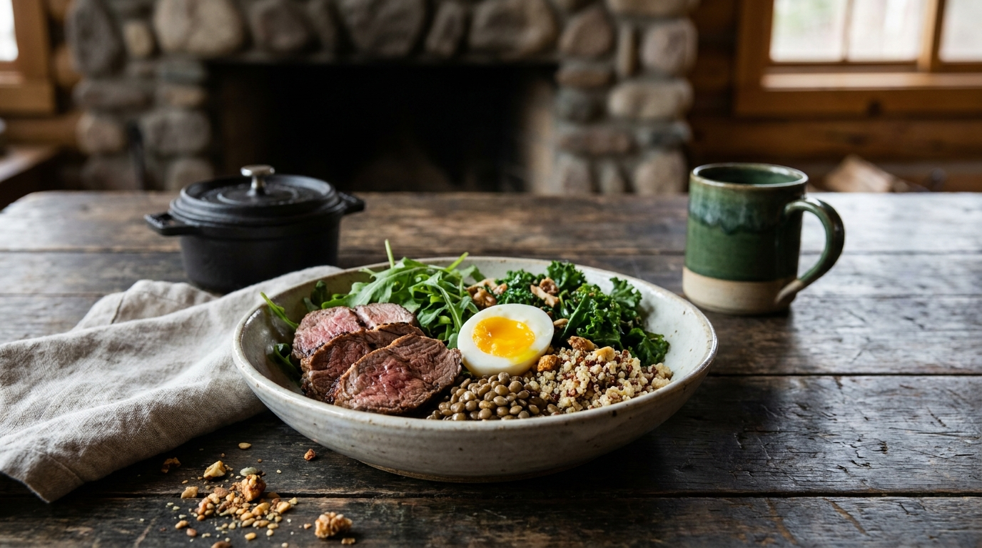 Ausgewogene Mahlzeit mit Fleisch, Ei und Gemuese auf Holztisch