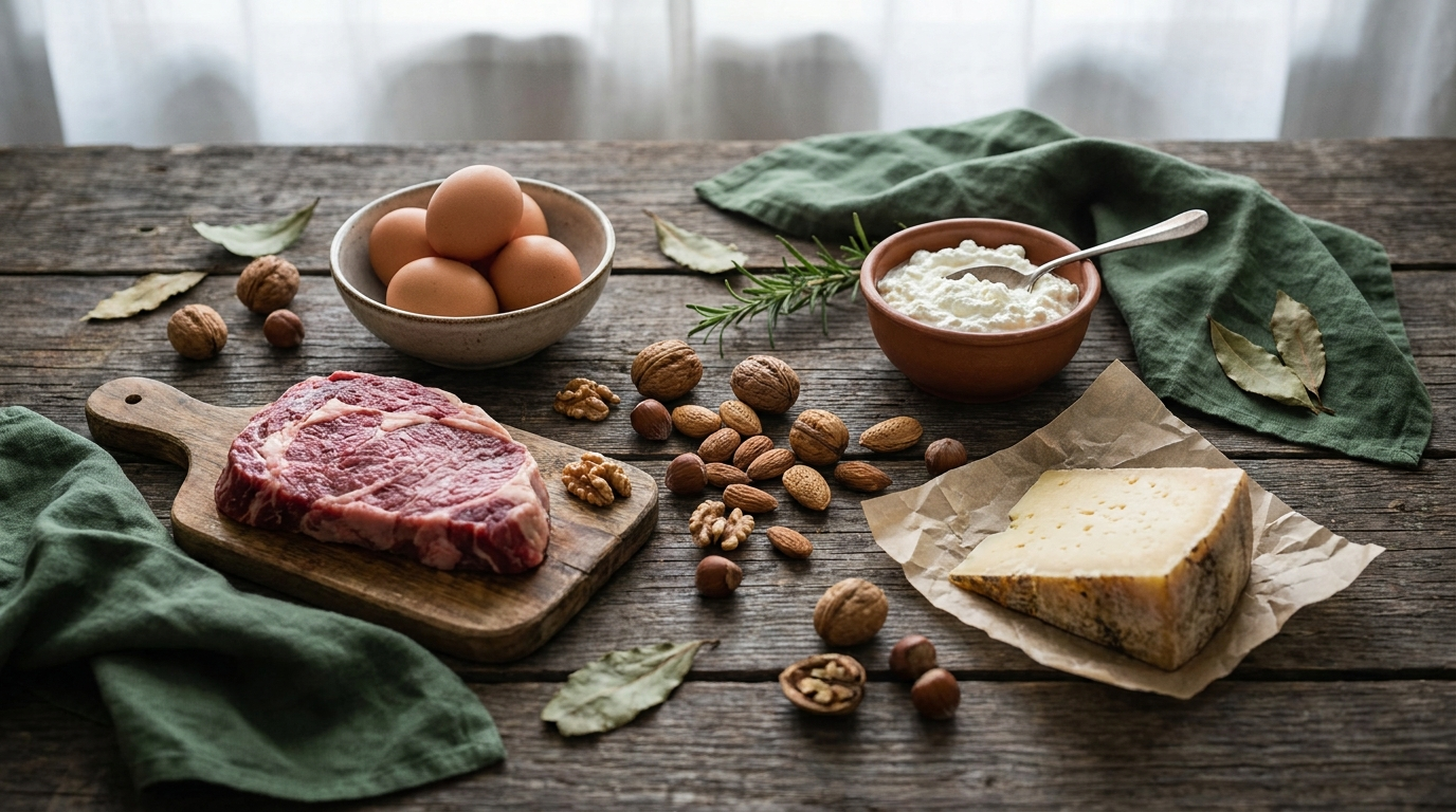 Eiweissreiche Lebensmittel: Eier, Fleisch, Nuesse, Kaese und Quark auf Holztisch