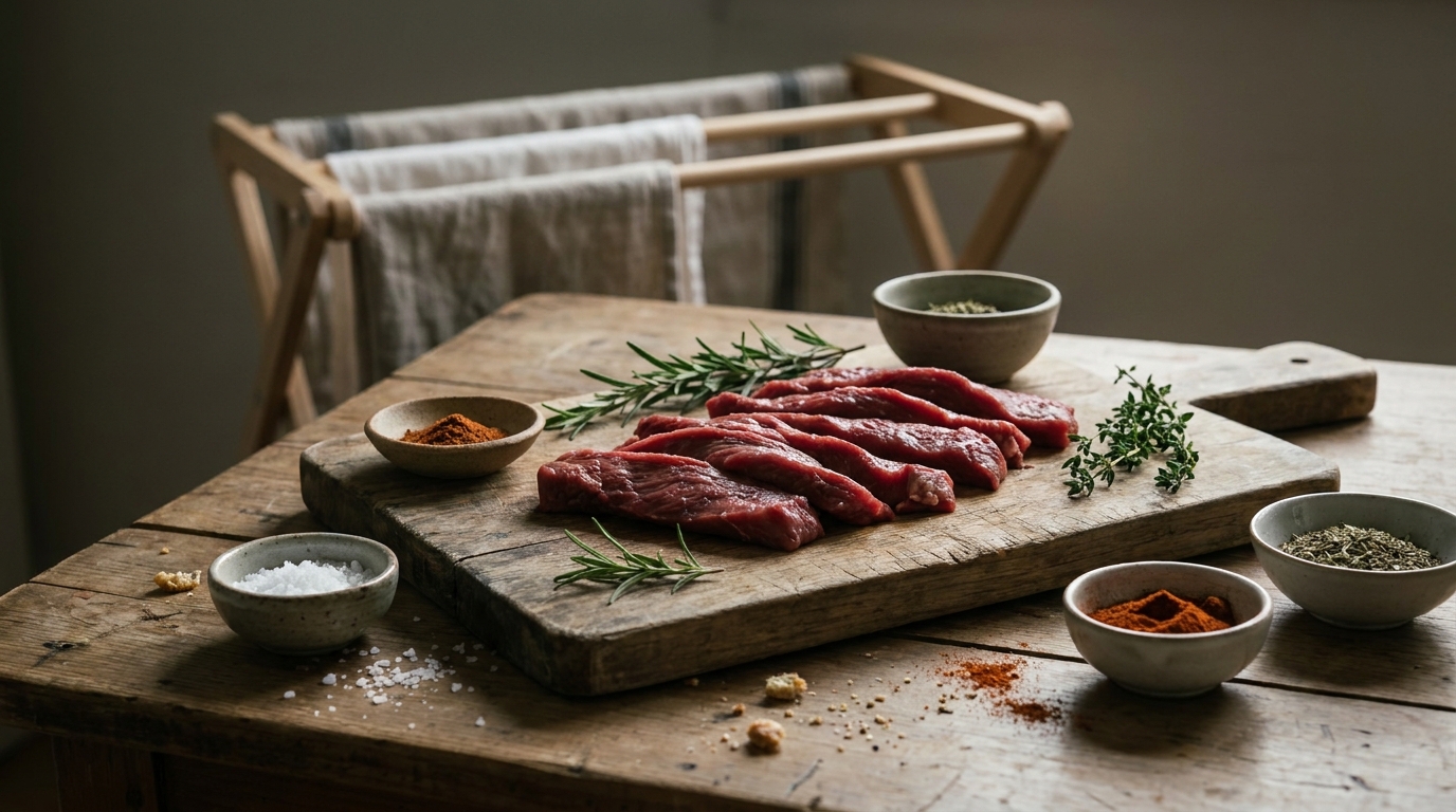 Rohes mageres Rindfleisch mit Gewuerzen auf rustikalem Holzbrett
