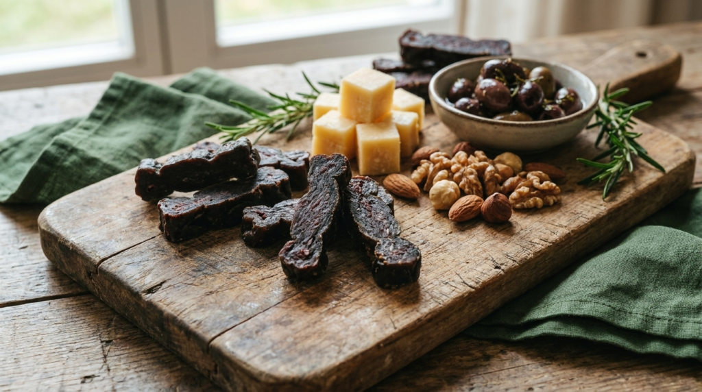 Protein-Fleischriegel mit Kaese, Nuessen und Oliven auf Holzbrett