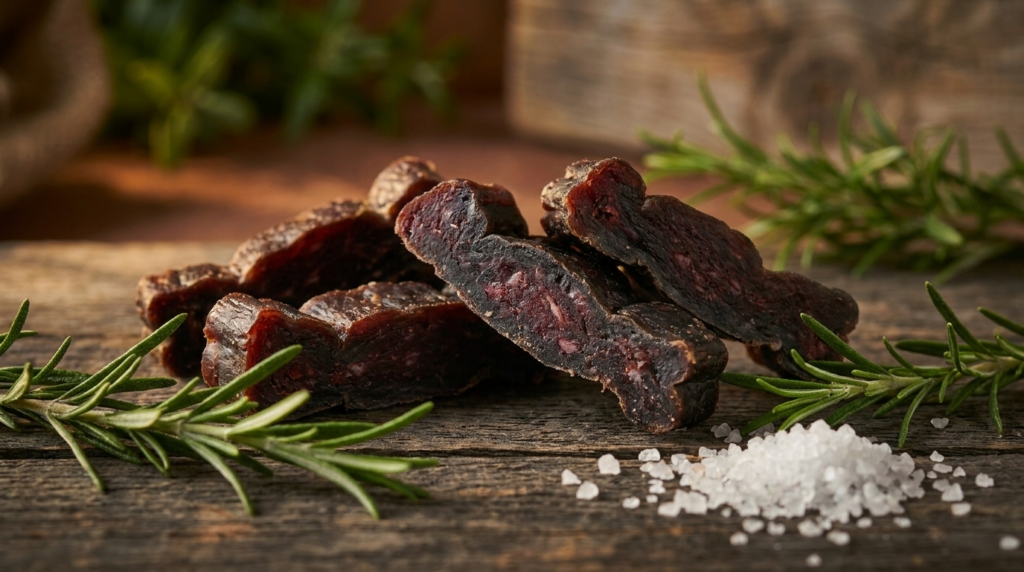 Protein-Fleischriegel ohne Poekelsalz auf verwittertem Holz mit Rosmarin und Salz