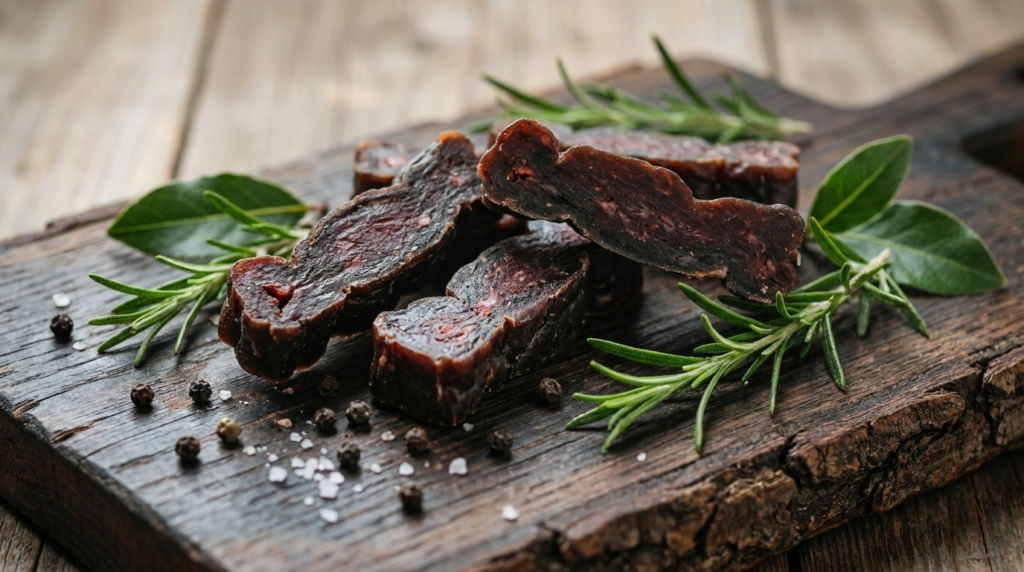 Protein-Fleischriegel aus Schweizer Bio-Rind auf rustikalem Holzbrett mit Rosmarin
