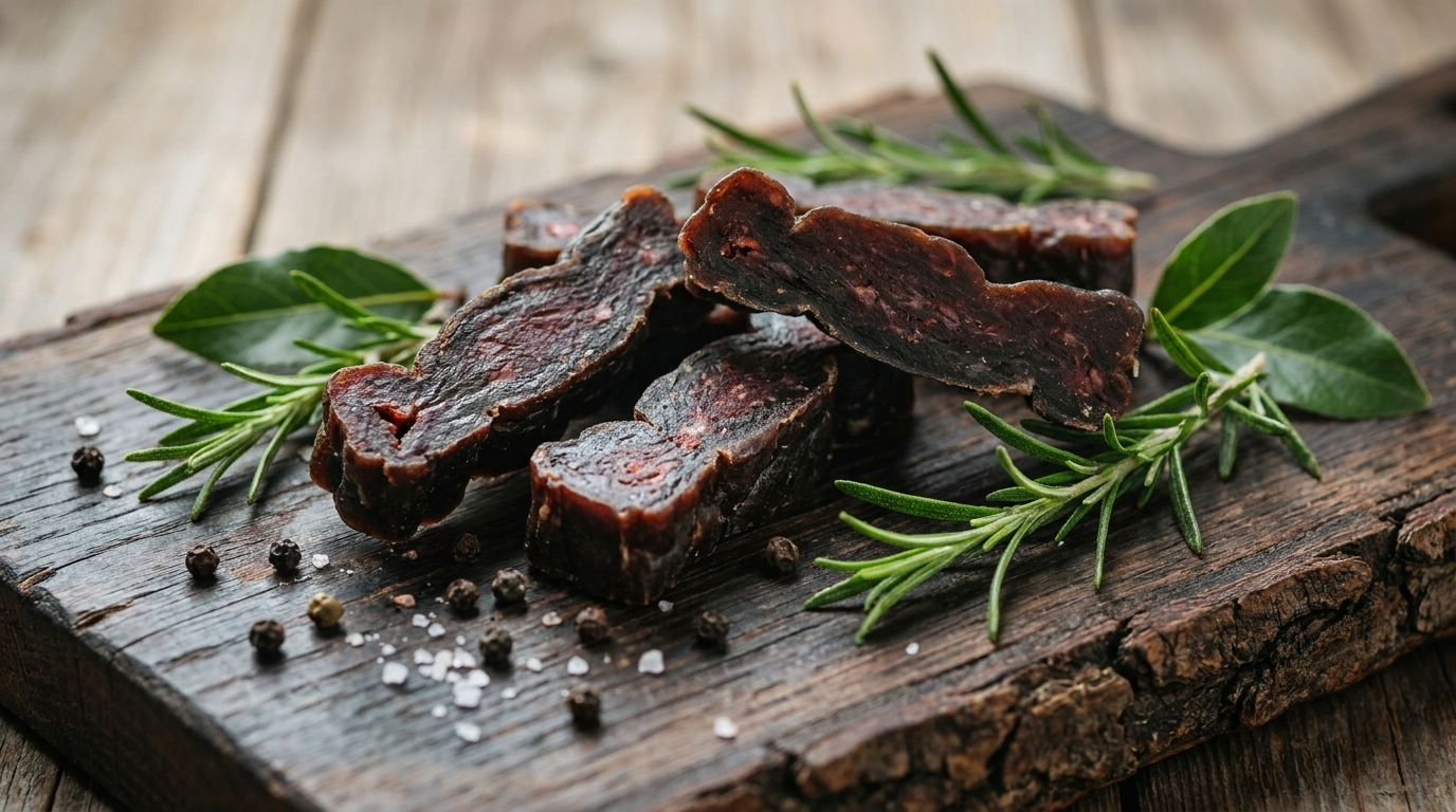 Protein-Fleischriegel aus Schweizer Bio-Rind auf rustikalem Holzbrett mit Rosmarin