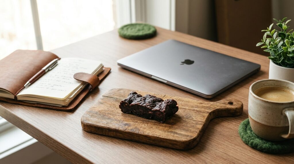 Protein-Fleischriegel als Buero-Snack auf Holzbrett neben Laptop