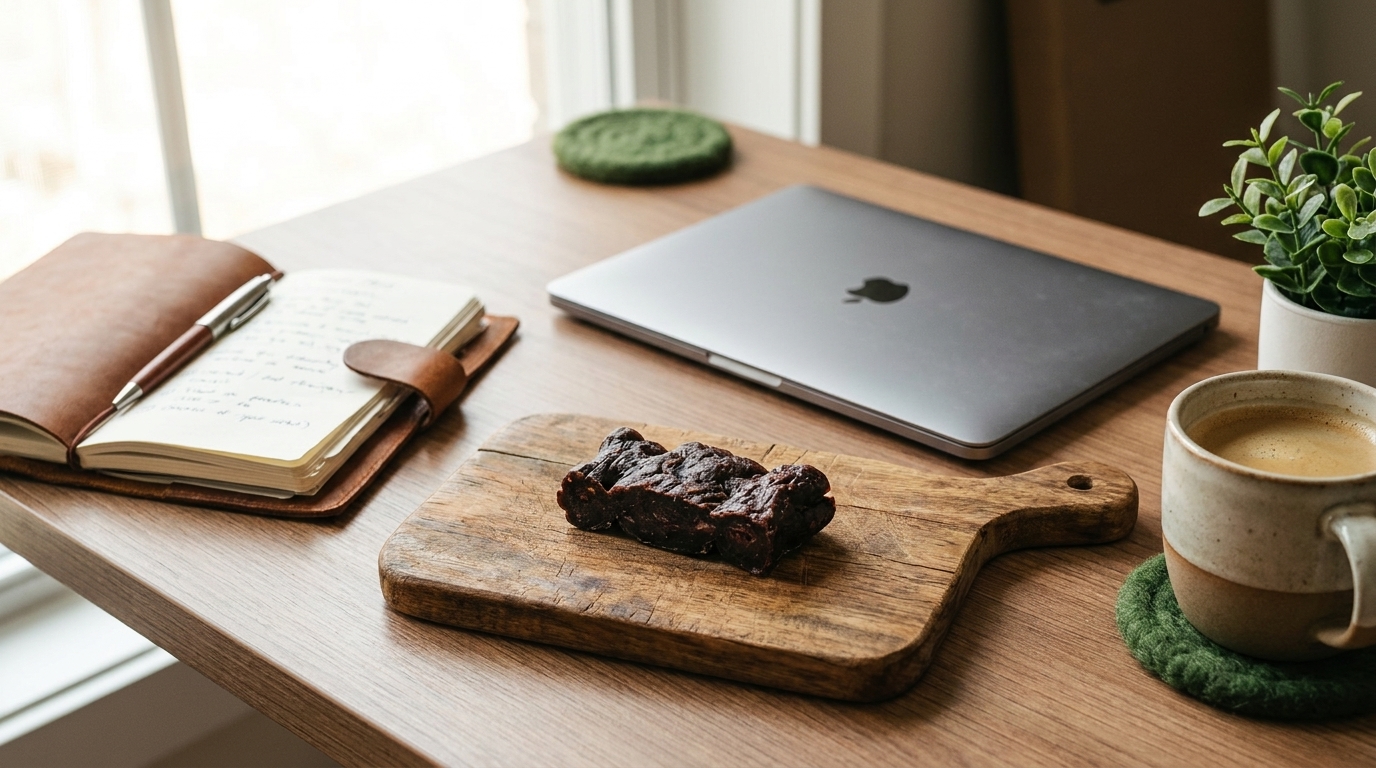 Protein-Fleischriegel als Buero-Snack auf Holzbrett neben Laptop