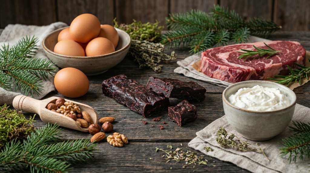 Proteinquellen im Vergleich: Snack, Eier, Fleisch, Nuesse und Quark auf Holztisch