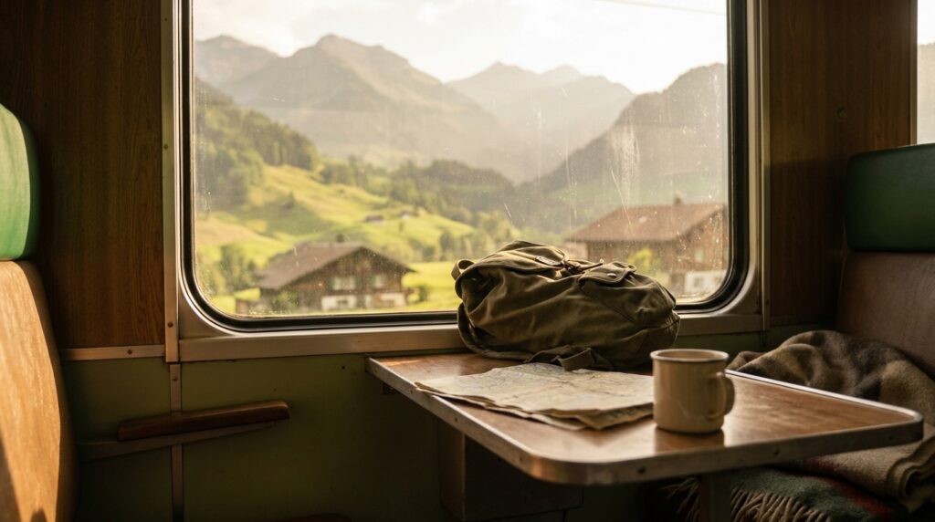 Zugfenster mit Blick auf Schweizer Alpen, Rucksack und Karte