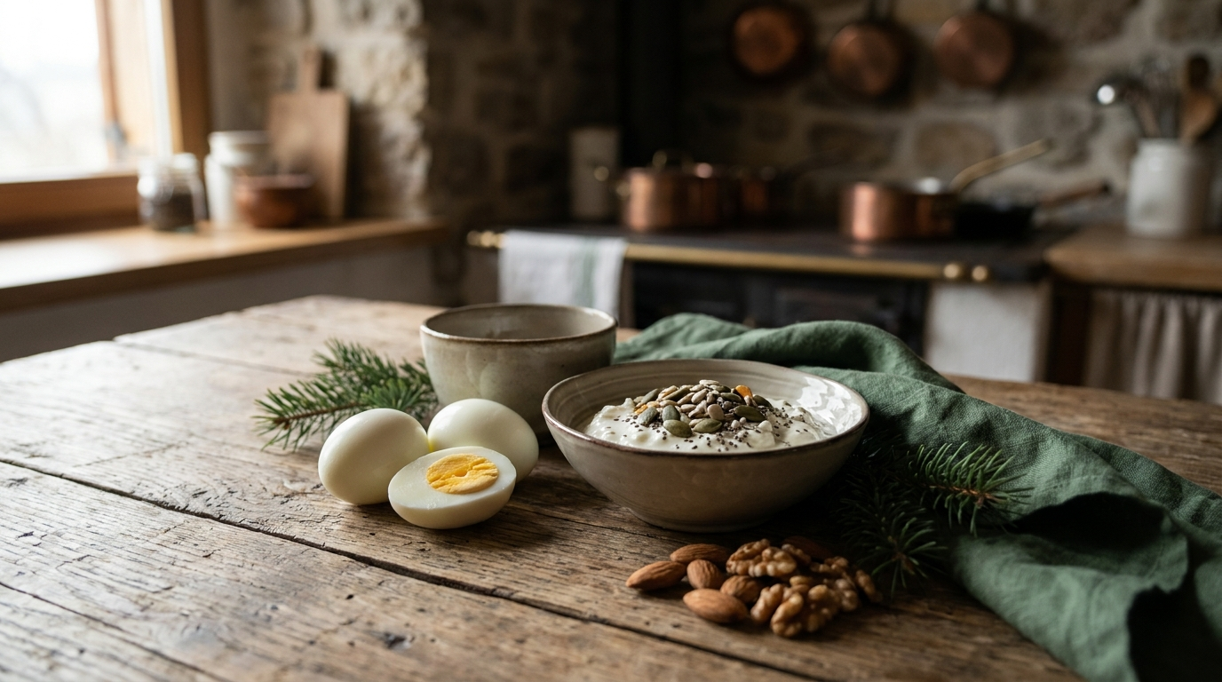 Schnelle Eiweissquellen: Eier, Quark und Nuesse auf Kuechentheke