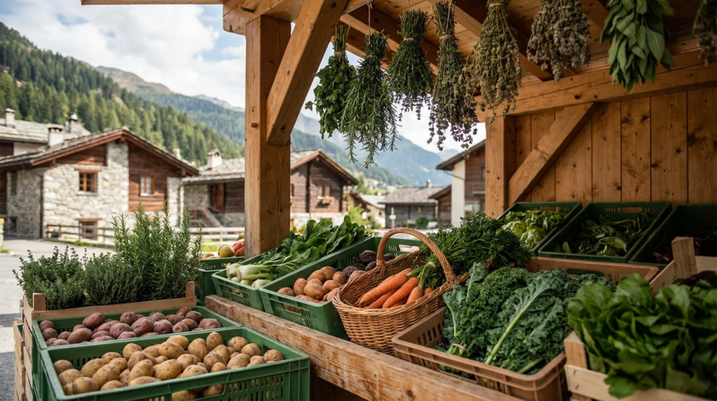 Marktstand mit frischem Gemuese und Kraeutern in Holzkisten