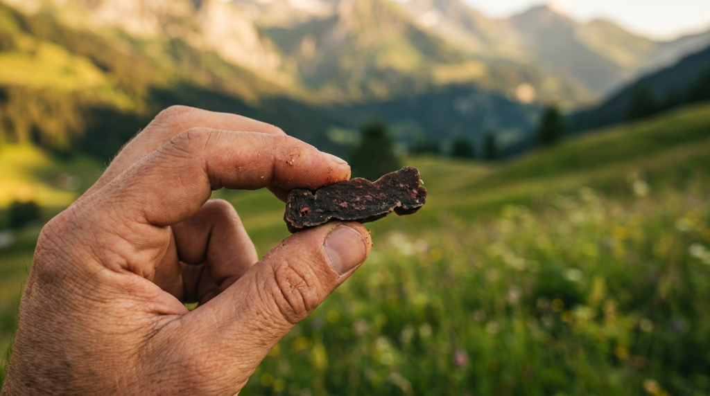 Hand haelt Protein-Fleischriegel vor Schweizer Alpenkulisse beim Wandern