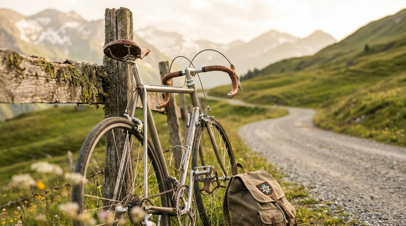 Rennrad an Holzzaun auf Schweizer Alpenstrasse