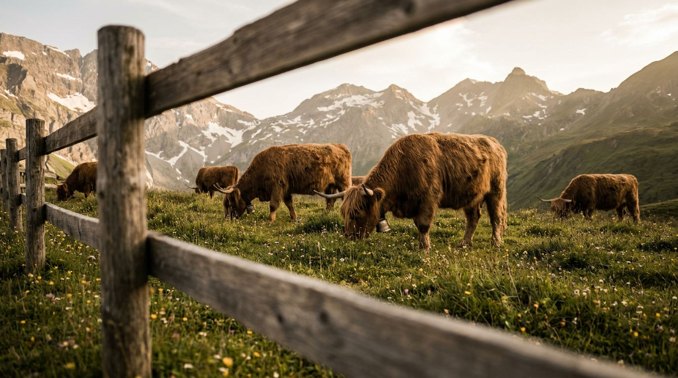 Rinder auf Schweizer Alpweide mit Holzzaun und Bergen