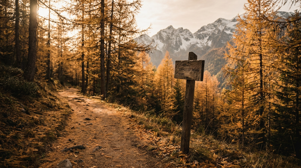 Herbstlicher Wanderweg durch goldenen Laerchenwald mit Bergen