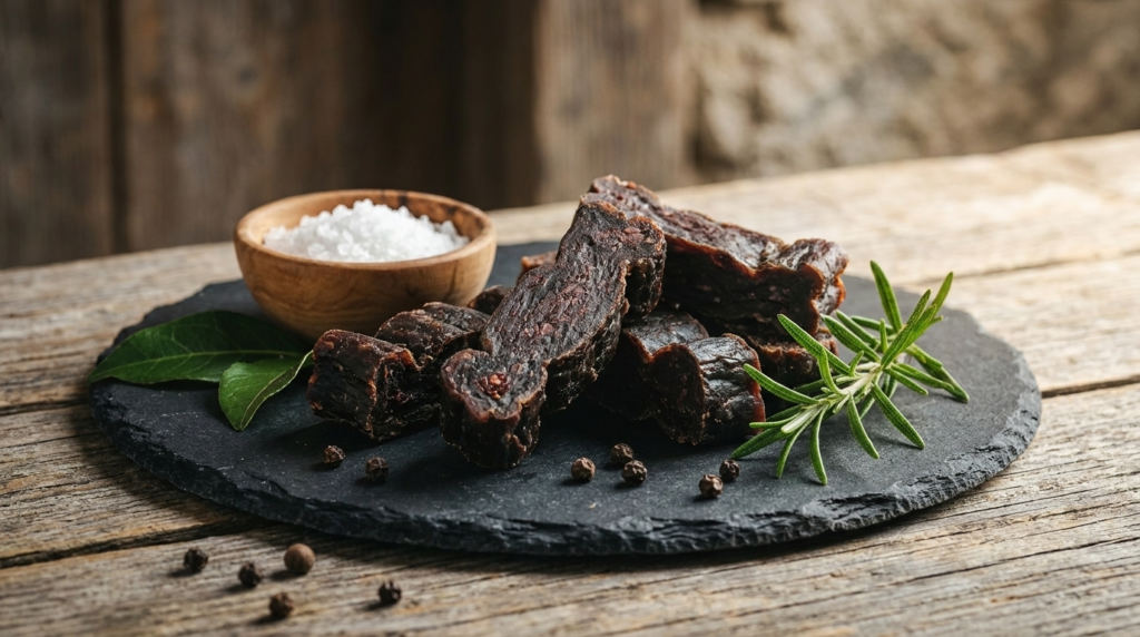 Protein-Fleischriegel aus Schweizer Bio-Rind auf Schieferplatte mit Rosmarin und Salz