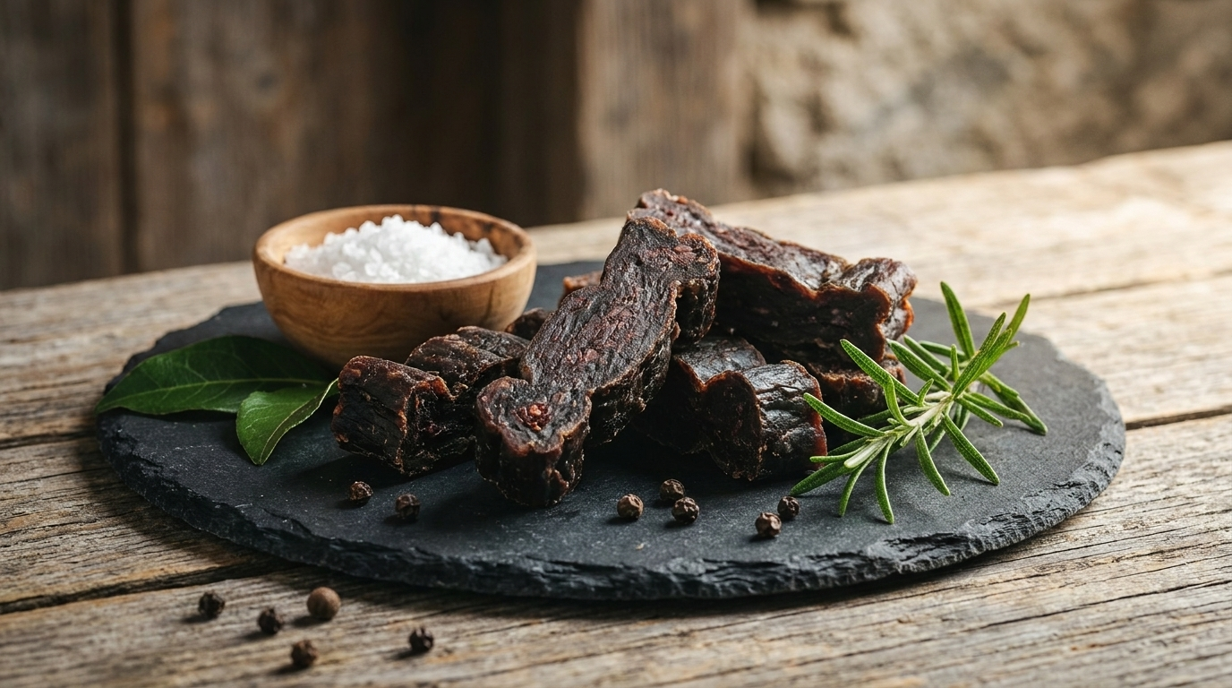 Protein-Fleischriegel aus Schweizer Bio-Rind auf Schieferplatte mit Rosmarin und Salz