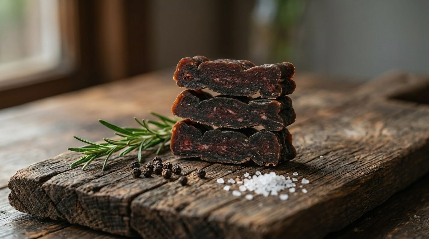 Protein-Fleischriegel mit Rosmarin, Pfeffer und Salz auf Holz